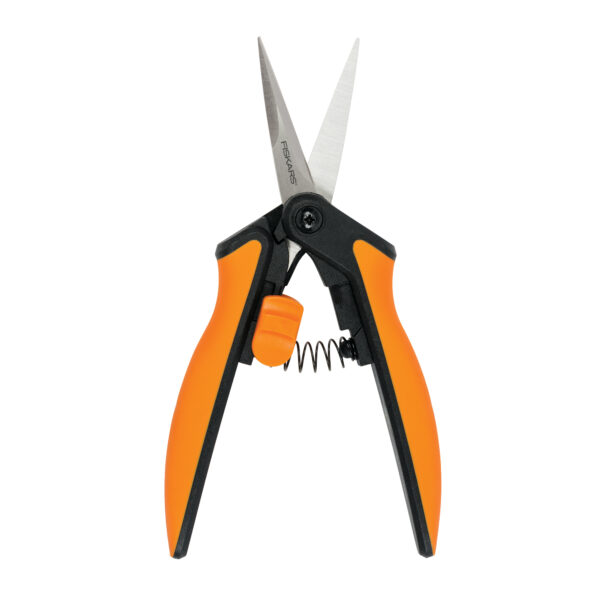 Fiskars Micro-Tip Pruning Snip. This image shows the spring in between the two handles of an open pruning snip.