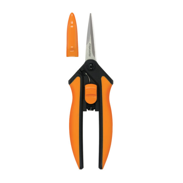 Fiskars Micro-Tip Pruning Snip. This image shows the blade cover next to a closed pair of pruning snips.