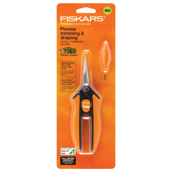 Fiskars Micro-Tip Pruning Snip. This image shows the pruning snips in the package.