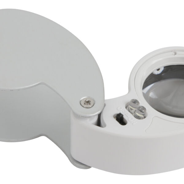 Illuminated Magnifier Loupe 40x lens. Unique, compact folding design with durable white casing. Loupe is open in this picture.