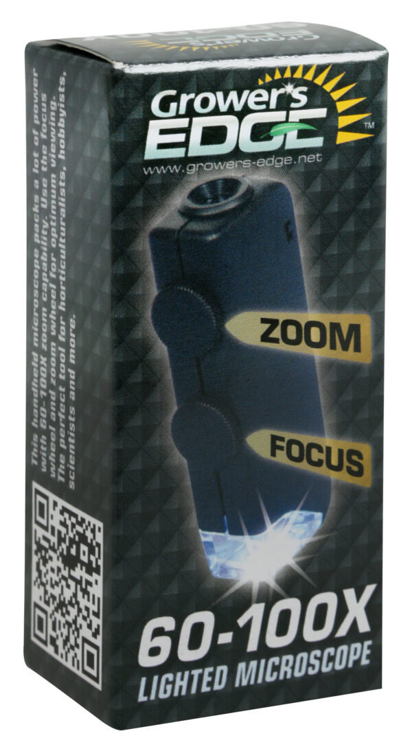 Grower's Edge® black Illuminated Microscope 60x–100x is 1-1/4 inches wide by 3-1/4 inches tall. Has a zoom adjusting wheel and focus wheel on the side. This image shows the package it comes in.