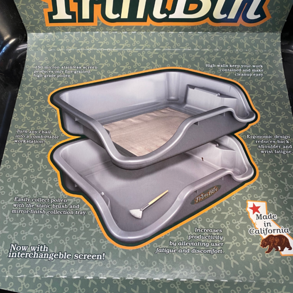 TrimBin by Harvest-More. Two trays ergonomically shaped for a work station anywhere. Close up of label.